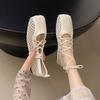 Fashion Square Toe Cross Lace-up Mary Jane Shoes Women's Spring and Autumn Explosive Shallow Mouth Soft Sole Flat Single Shoes
