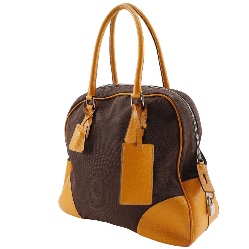 Prada Mini Boston Tote Bag Brown Canvas Women Used