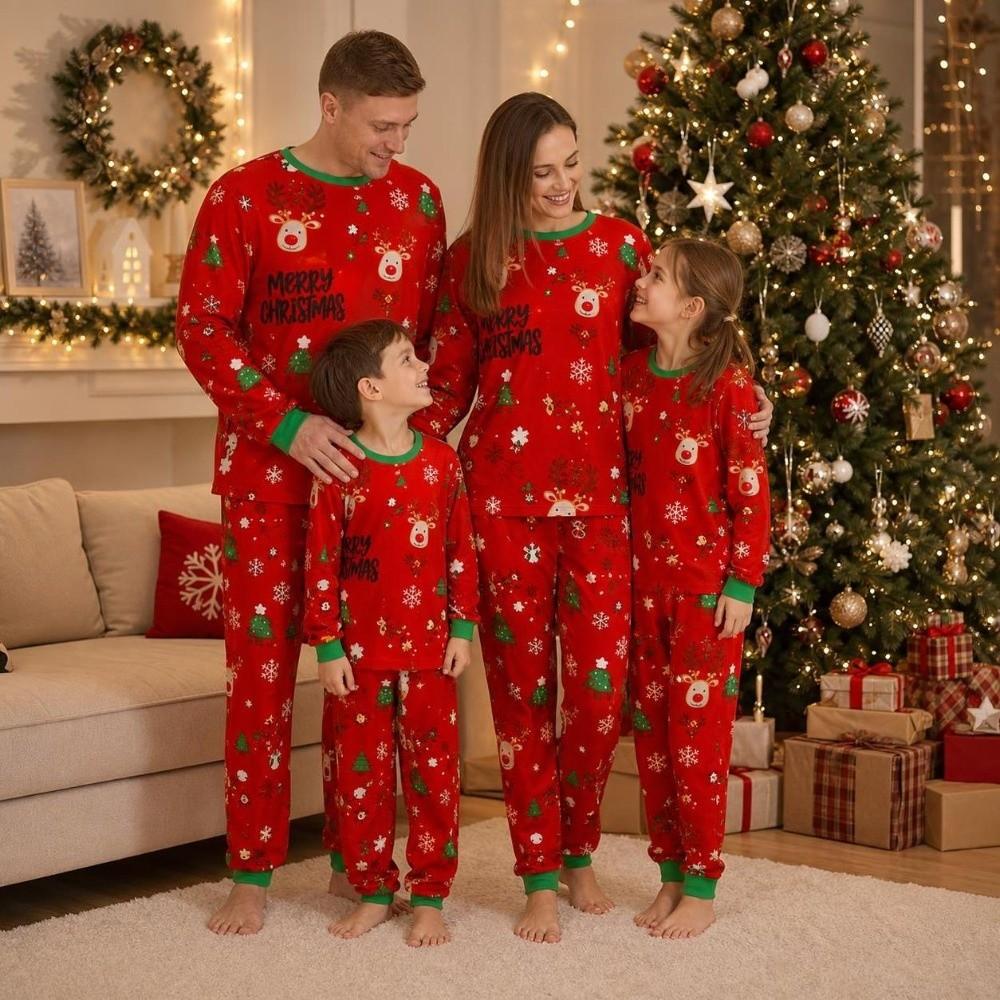Long Sleeve Family Matching Pyjamas Printed Top+Pants Red Couple Christmas Outfit Adult Kids