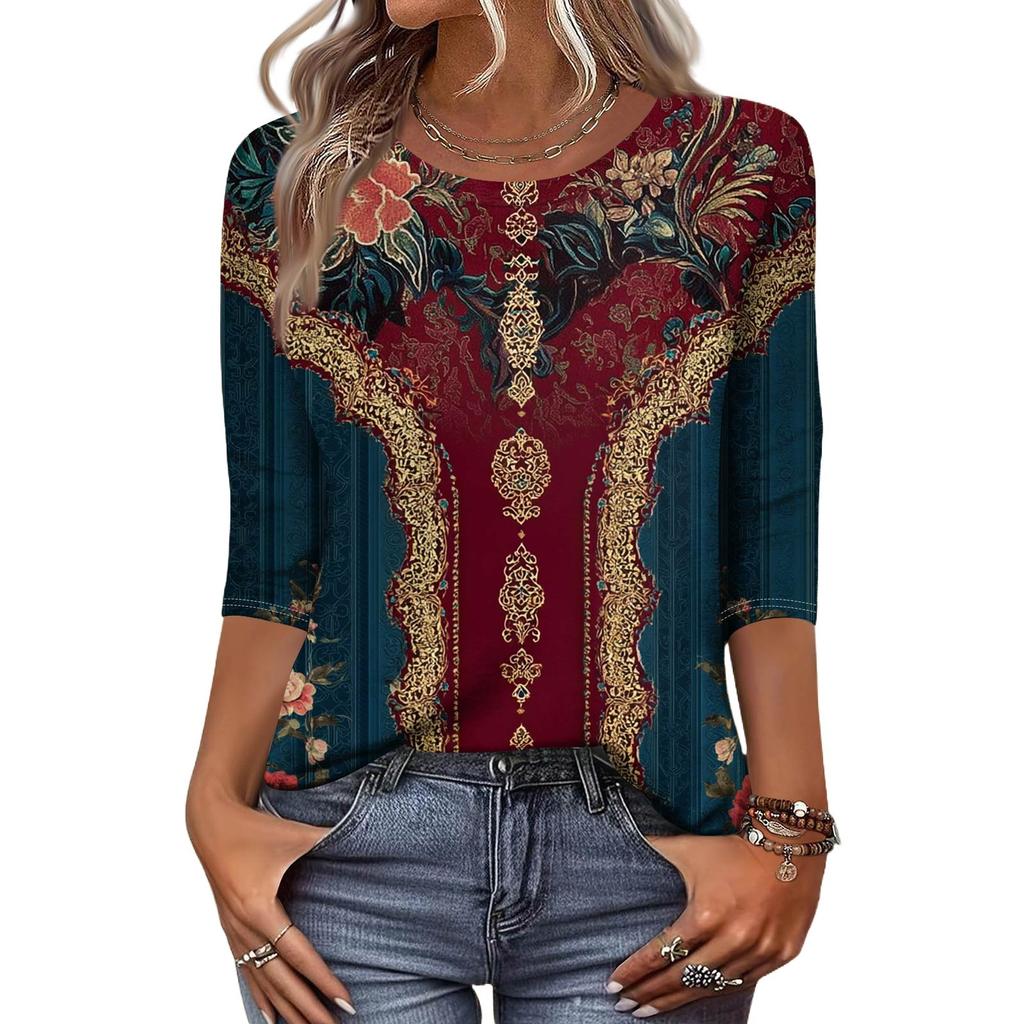 Trendy Vintage 3/4 Sleeve Top For Women,Ladies Casual Three Quarter Sleeve Round Collar Printed T-Shirt Blouse