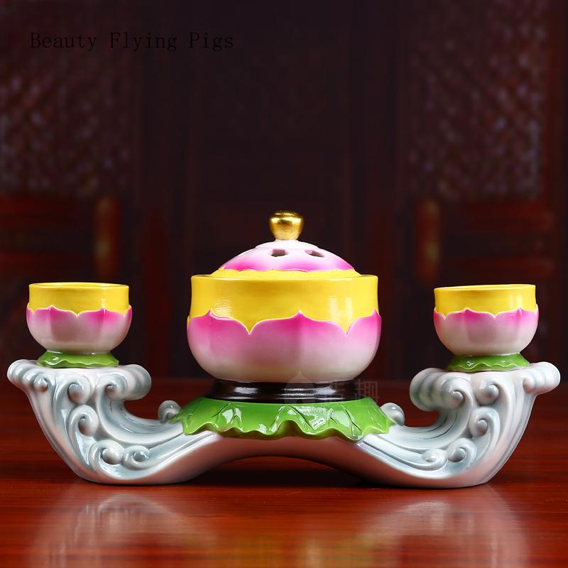 Boutique ceramic lotus incense burner Buddha hall offering incense burner butter incense candlestick set feng shui