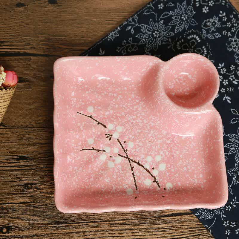 Japanese Ceramic Plum Blossom Dumpling Plate with Sauce Compartment 2-pack