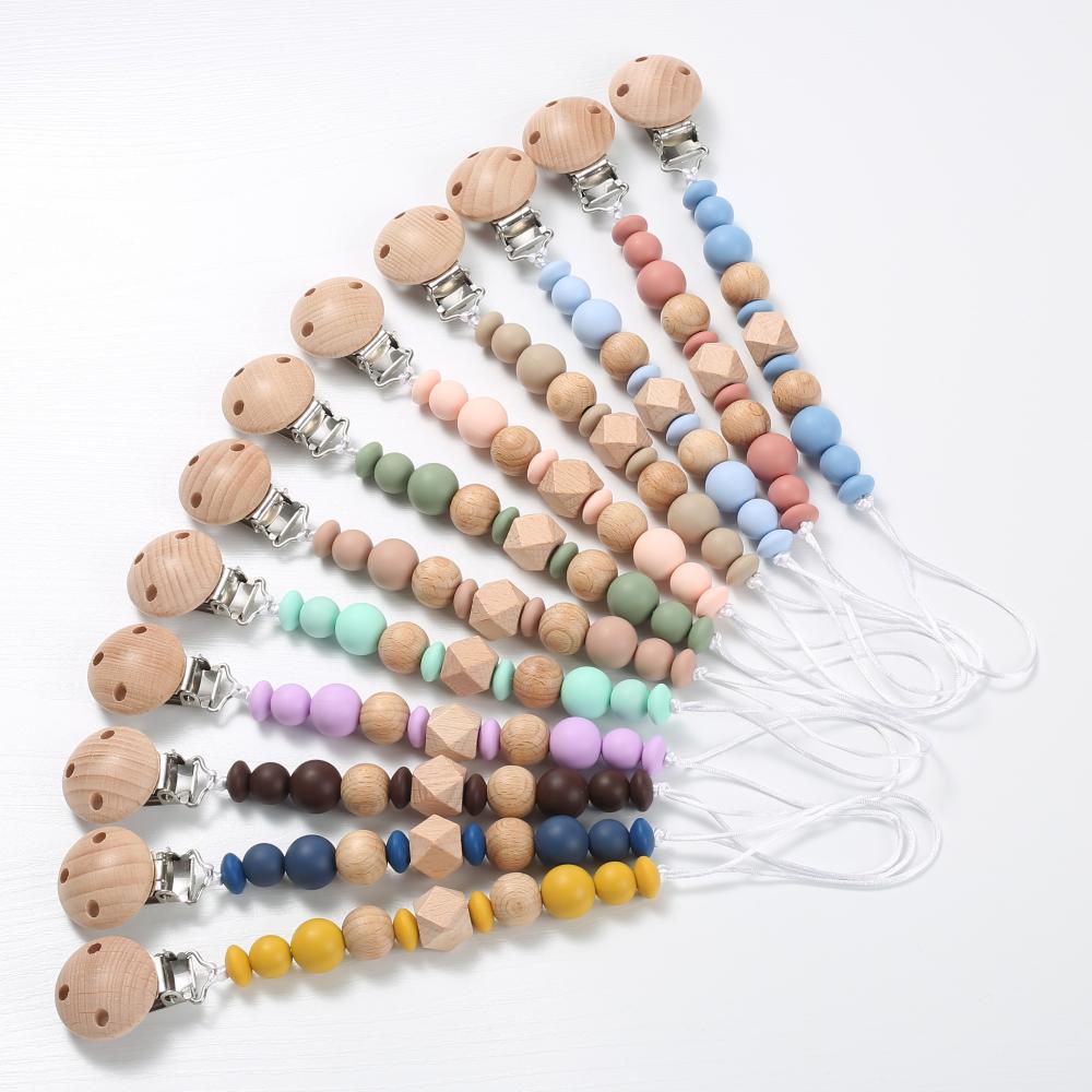 New Baby Pacifier Chain Clips Wood Silicone Round Octagonal Beads Teething Chain For Infant Appease Soother Dummy Holder Clip