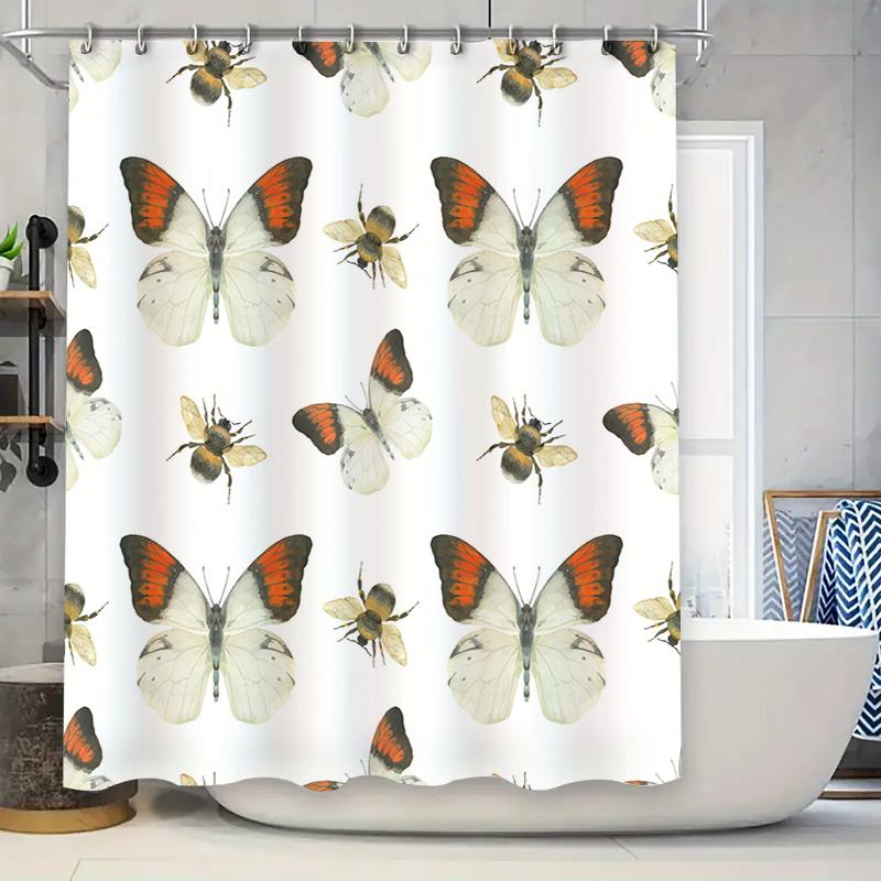 

Bathroom Decor Shower Curtain Print Butterfly Bee Waterproof Black White Red Design Home Decoration Size Customizable 90x180cm