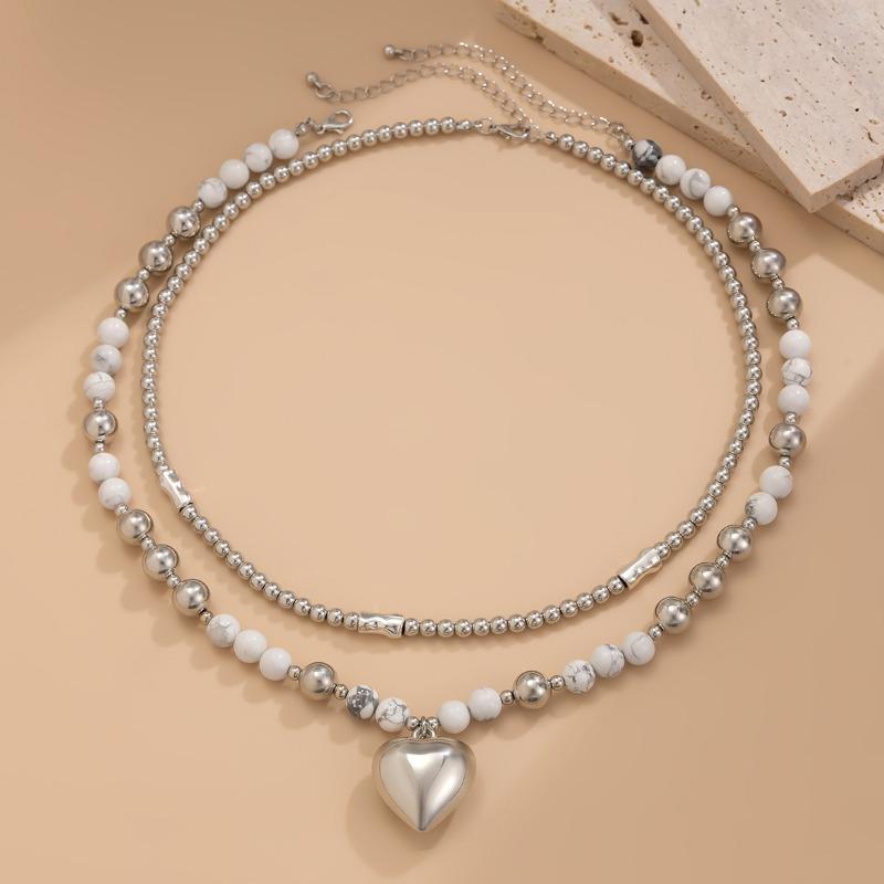 Fashion Simple Double Layered Beaded Love Heart Pendant Necklace for Women Punk Style Unisex Clavicle Chains Necklaces Jewelry Accessories KTJ