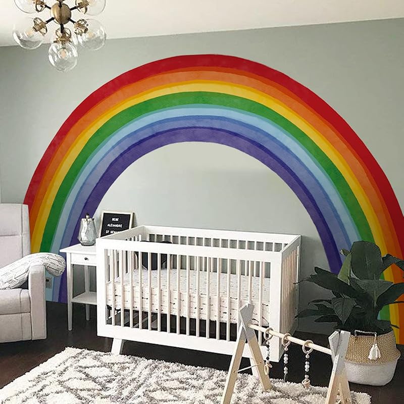 Fabric Large Rainbow Wall Decals Peel and Stick, Precut Original Hand Drawn Colorful Vigor Watercolor Full Rainbow Wall Sticker Decor for Kids