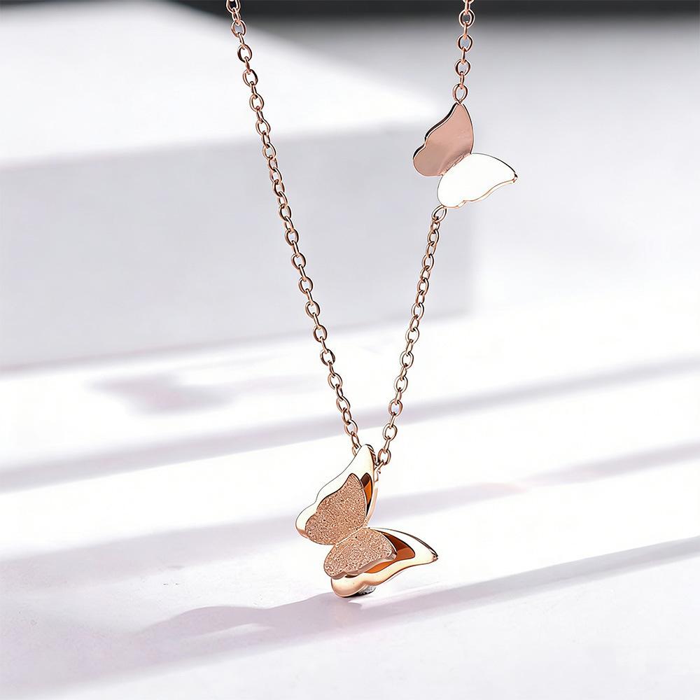 Huibao 3D Butterfly Pendant Necklace for Women Stainless Steel Gold Plated Frosted Wing Dainty Chain Fashion Jewelry