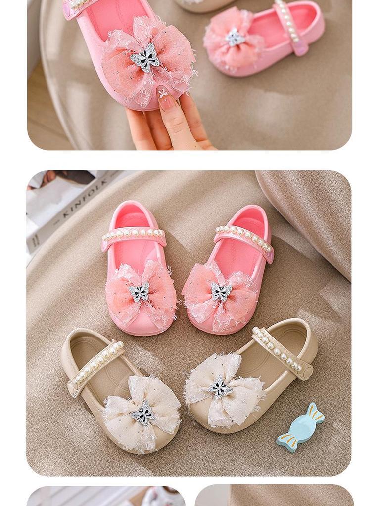 Little Girl Princess Bow Pearl Shoes - Spring/Autumn Soft Sole Sandals with a New Chinese Fragrance Style.