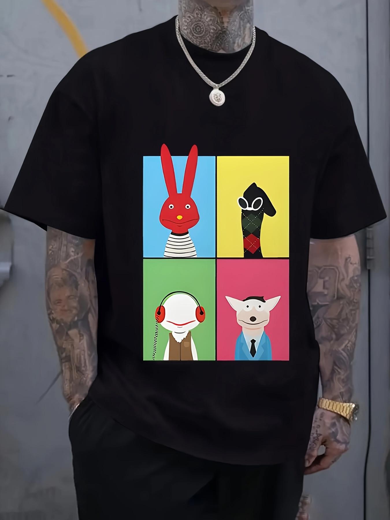Casual Crew Neck T-shirt with Colorful Cartoon Rabbit Print XL