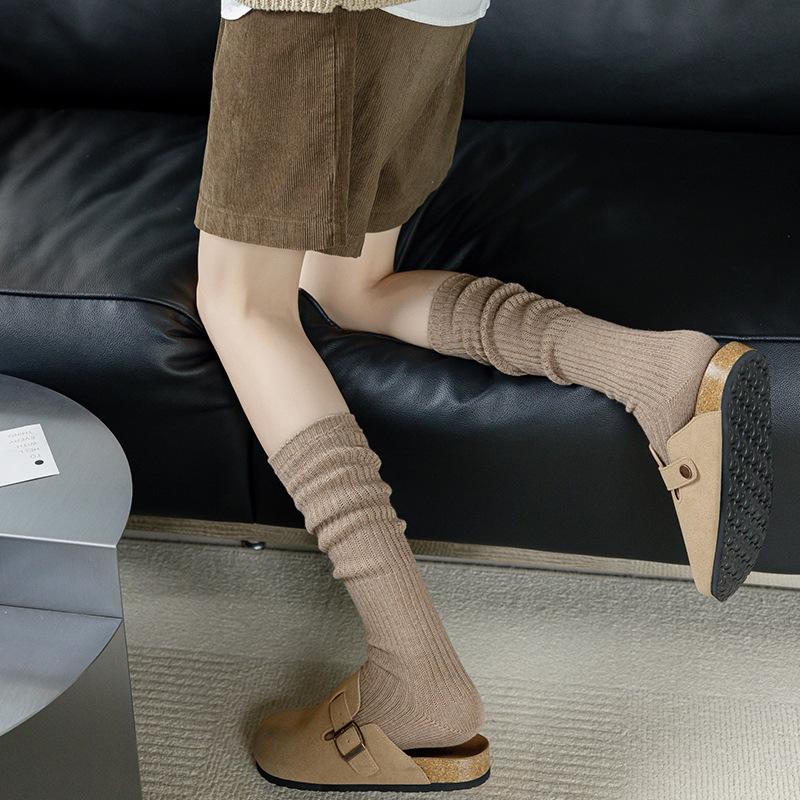 Autumn And Winter Women's Knitted Socks Solid Color Vertical Bar Warm Knee Length Socks Harajuku Fashion Lolita Socks