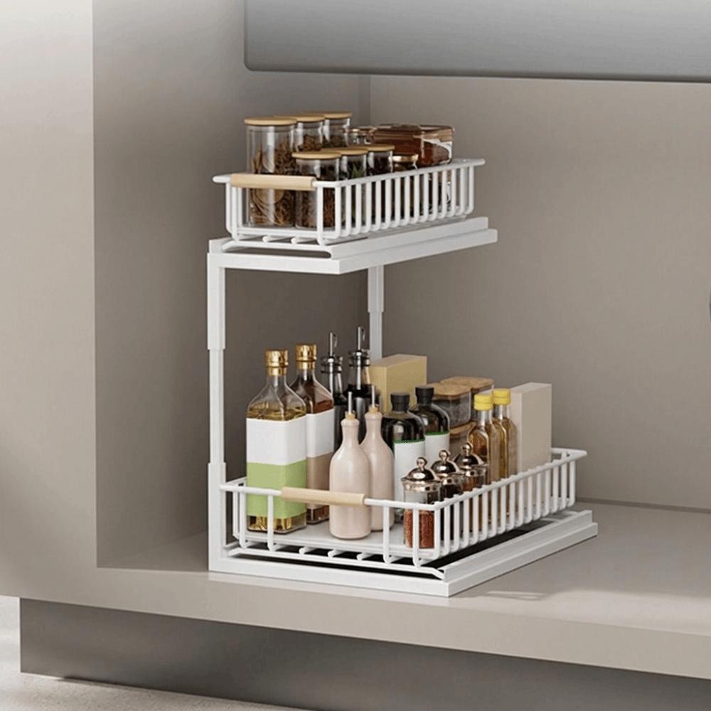 Large Capacity 2-Tier Under Sink Organizer Carbon Steel Slide Out Cabinet Storage Shelf  Bathroom