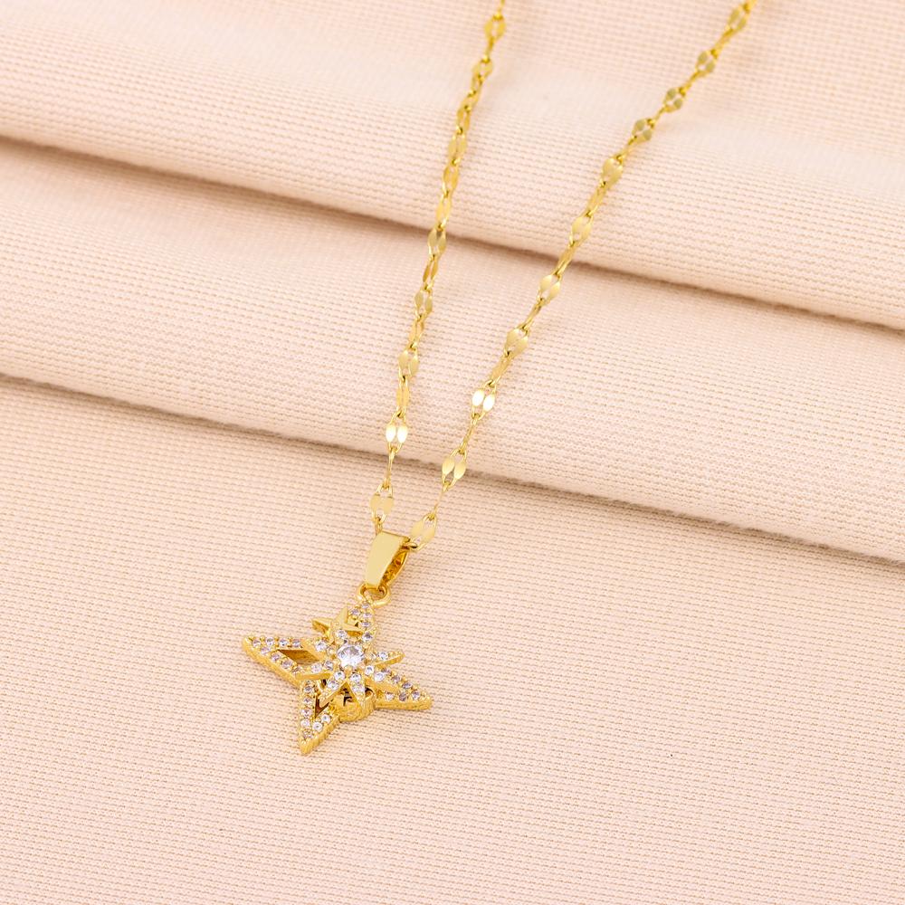 New In Rotatable Zircon Crystal Lucky Star Pendant Necklaces For Women Trendy Female Stainless Steel Chain Ladies Accessories