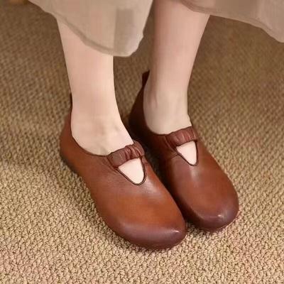 Retro Handmade Mother Shoes Flat Heel Soft Sole 2025 Spring and Summer New Round Head Shallow Mouth Single Shoes Soft Leather Versatile Women's Shoes
