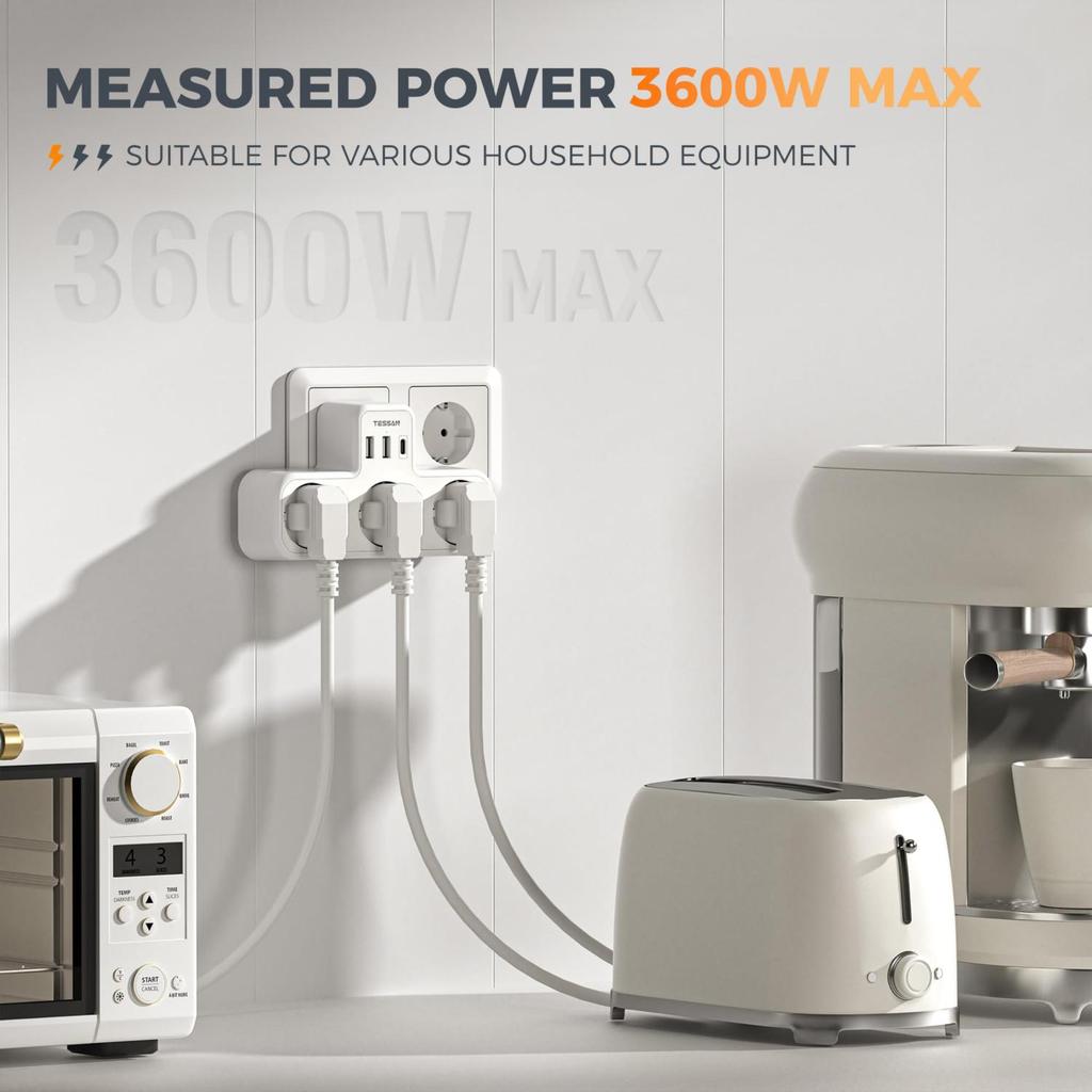 Tessan Keli sieniniai lizdai su 2 USB C 1 USB A prievadais, 6 viename USB adapteriu su apsauga nuo perkrovos išmaniajam telefonui, planšetiniam kompiuteriui