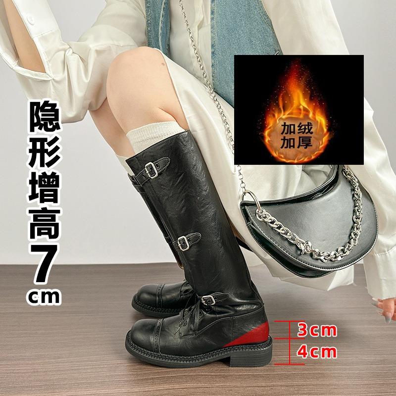 Cowhide version~ retro leather inner height increase 7cm boots fashion boots women's old knight boots belt buckle boots