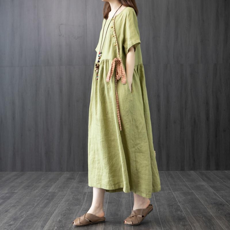 Estate nuove donne moda manica corta o-collo di mezza età in cotone e lino abito ampio abito casual abiti femminili