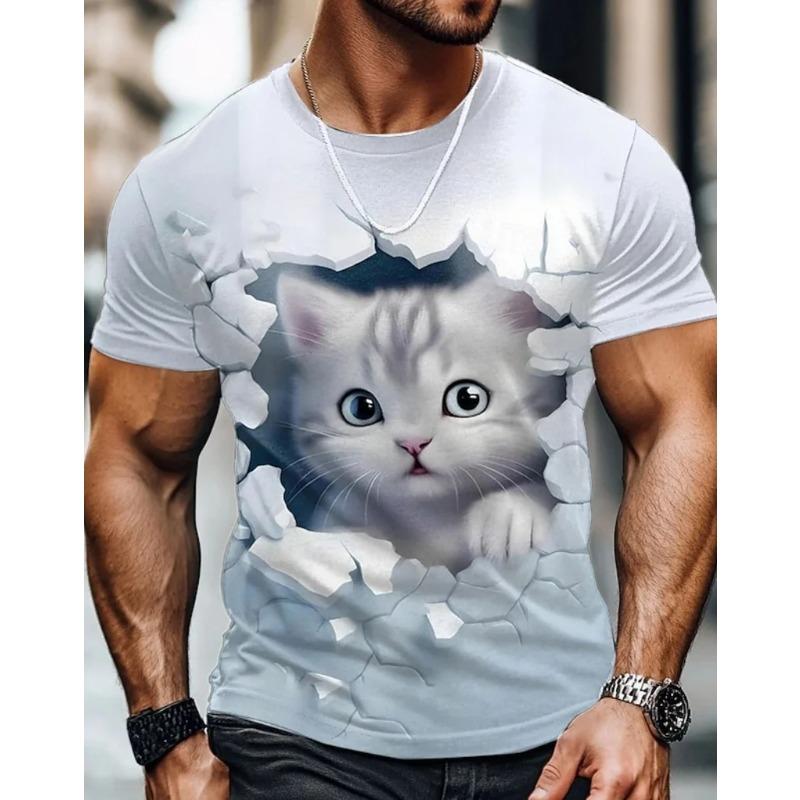 Letní Pánská Trička s Krátkým Rukávem s 3D Potiskem Kreslené Kočky s Kulatým Výstřihem