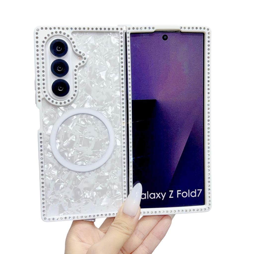 Modische Diamant-Gradient-Muschelmuster Magnetische Handyhülle Für Samsung Z Fold 7 6 5 4 3 Mit Lanyard und Band Stoßfeste Schlanke Hülle