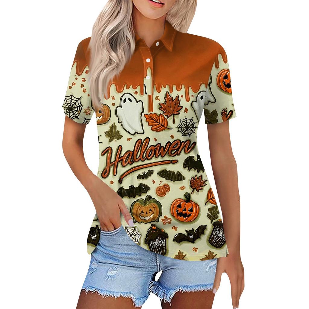 Damenmode Lässig Revers Kurzarm Halloween-Print Hemd Damen Button-Up Oberteile