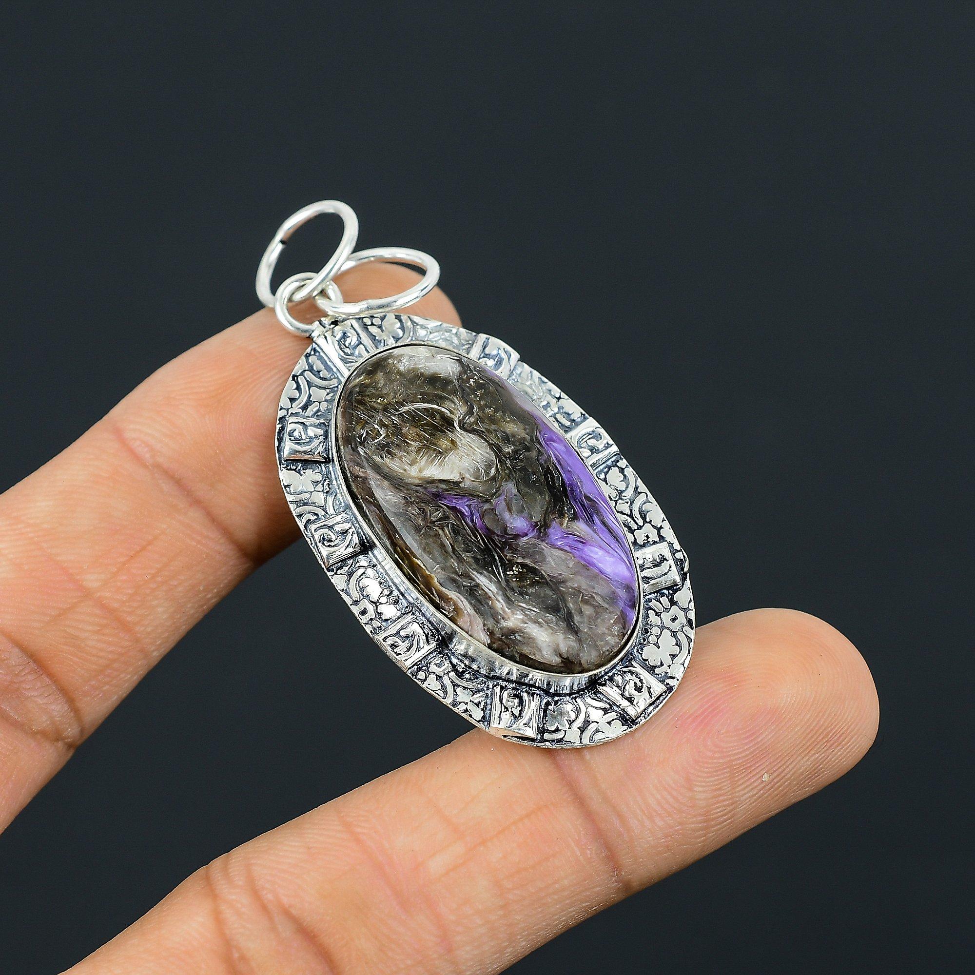 

Sterling Silver Third Eye Chakra Natural Charoite Elegant Unique Pendant Jewelry