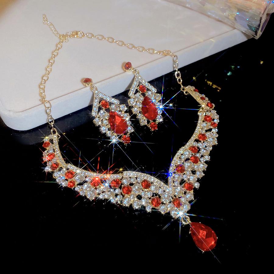 Two-Piece Rhinestone Inlaid Water Drop Earrings & Necklace - European Retro Luxury Style for Women