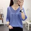 Women's V-neck Hollow Knitted Sweater Loose Bat Sleeve Ladies Top Short Thin Knit Pullovers for Women