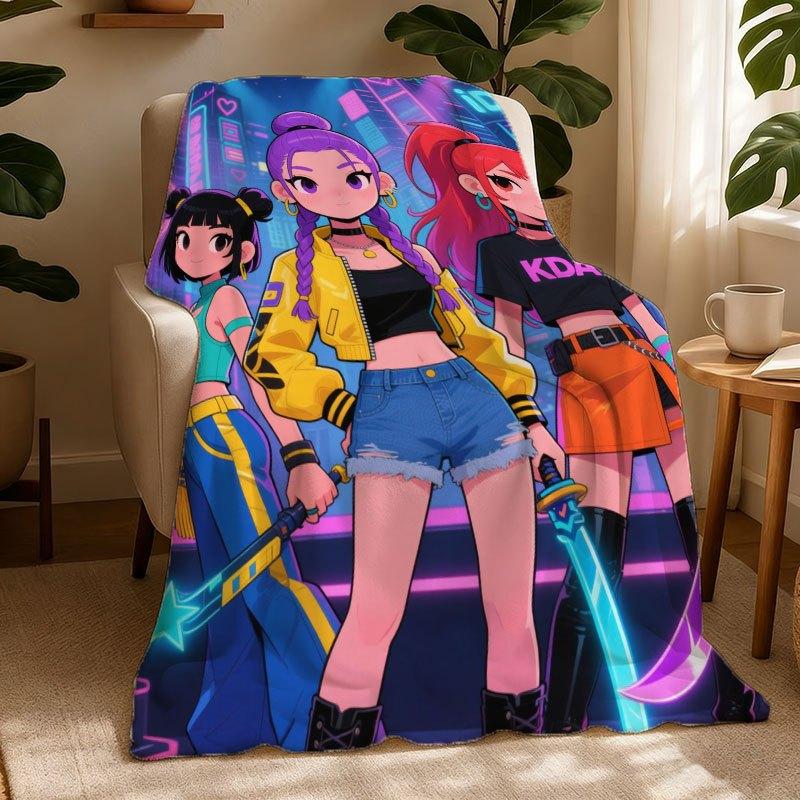 1pc Gaming Girl Group Themed Flannel Blanket 2D Flat Print AllSeason Anime Game Fan Throw for Bedroom Living Room Camping