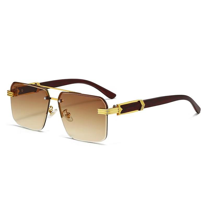 Box Sunglasses, Gu Shuangqiao Frameless Glasses, Wooden Temple Light Polycarbonate Frame, Half Frame Cut Edge Sunscreen Sunglasses