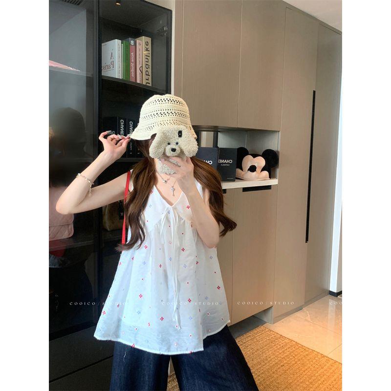 Kumikumi Sweet Style Colorful Flower Embroidery Vest Women clothes Summer Loose Slimming Milky White Sleeveless Top