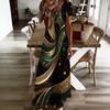 Women Plus Size V Neck Short Sleeve Black Gold Printed Long Straight Maxi Dress