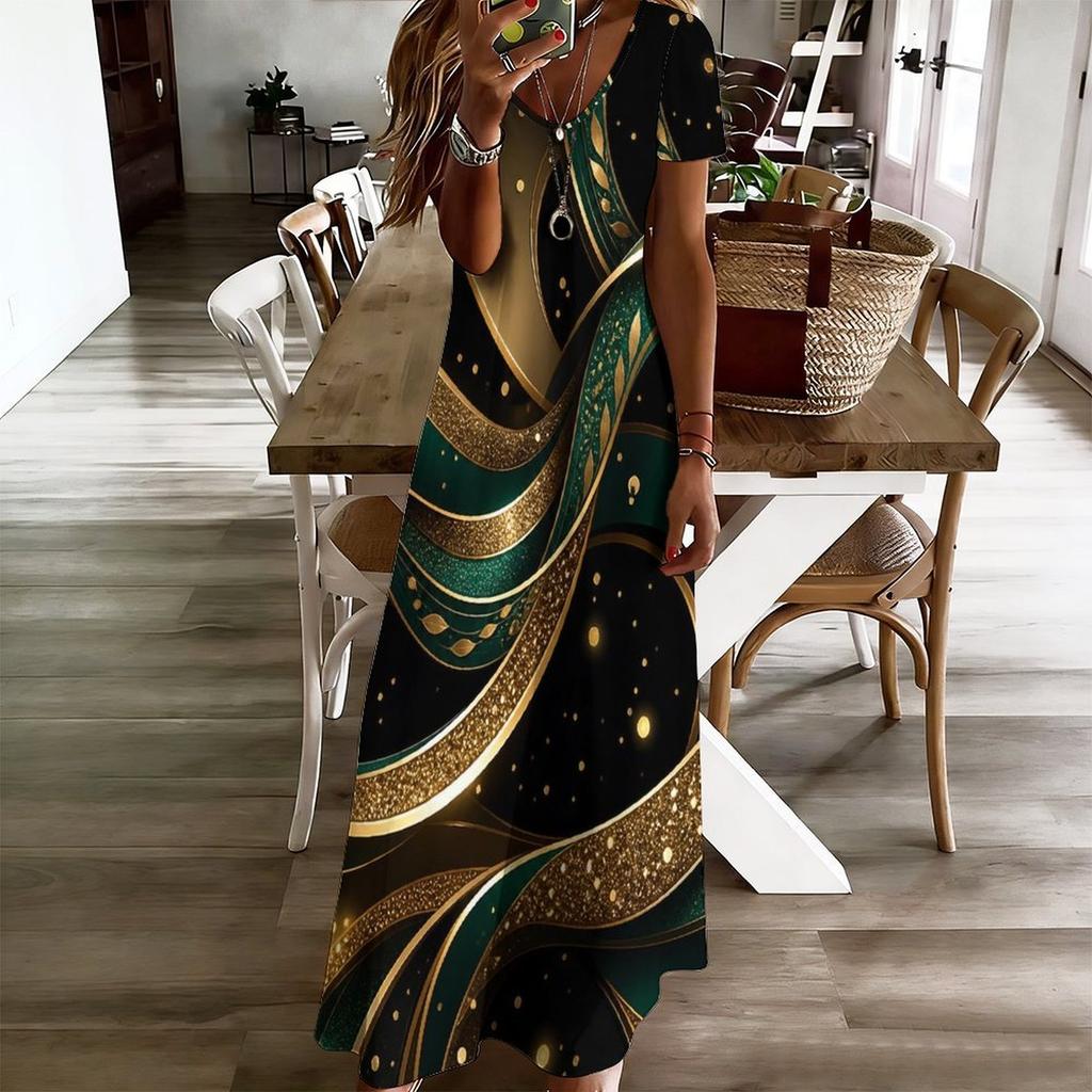 Women Plus Size V Neck Short Sleeve Black Gold Printed Long Straight Maxi Dress