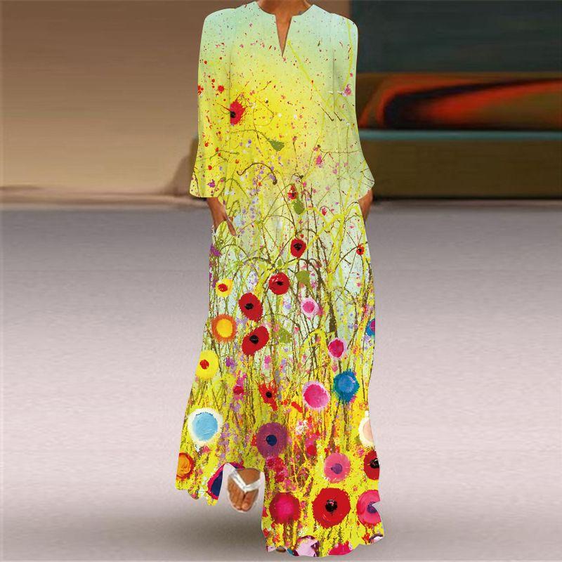 Fashion Style Spring and Summer Fashion New Women's Retro Butterfly Print Long Dress Export V Neck Long Sleeves Pocket Dress