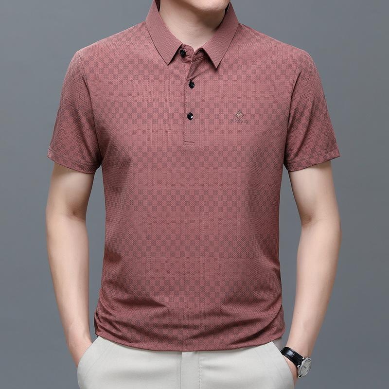 Ice Silk Polo Shirt Men'S Short-Sleeved Thin Summer Dress Business Men'S Loose Lapel Plaid Jacquard Half-Sleeved Top T-Shirt