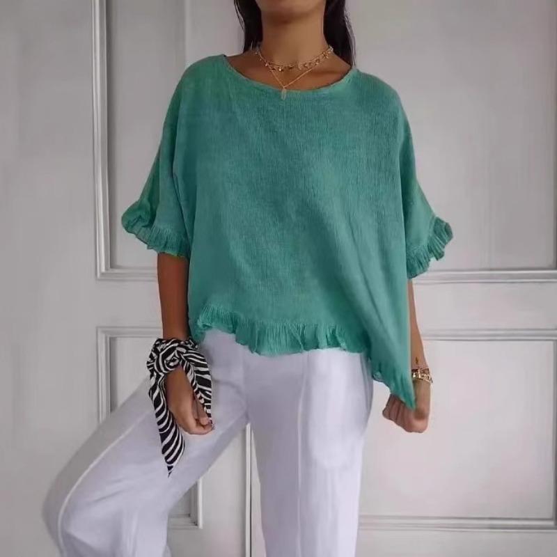 New summer women's short-sleeved round neck cotton and linen solid color loose version European and American shirts for women