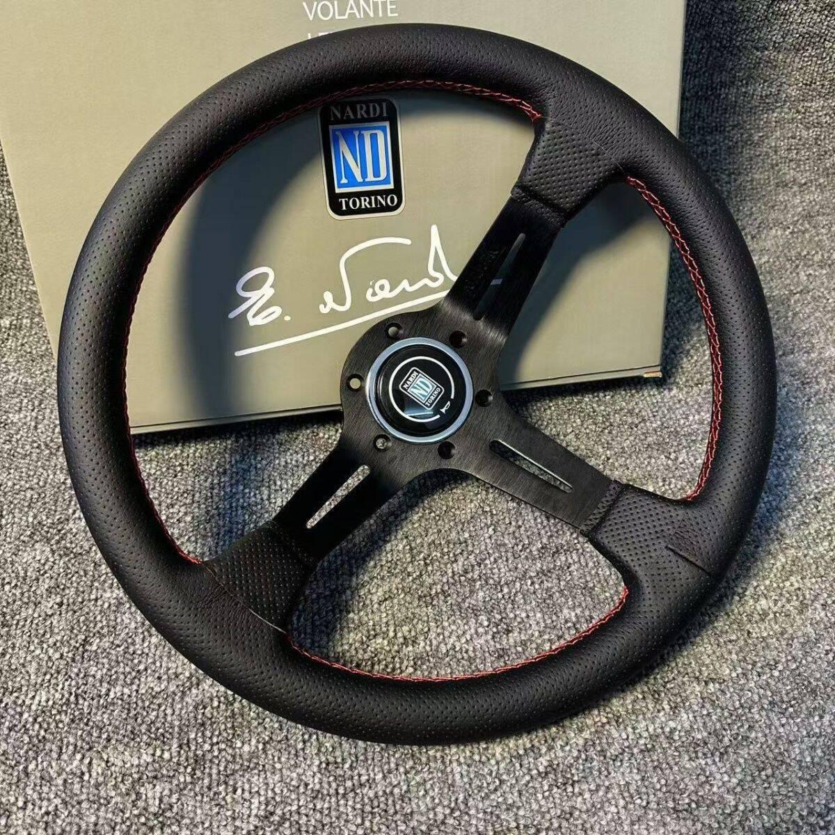 NARDI Steering Handle Leather Car Renovation Racing 14 Inch Sports Steering Wheel Drift Red Line Black 9AT0084