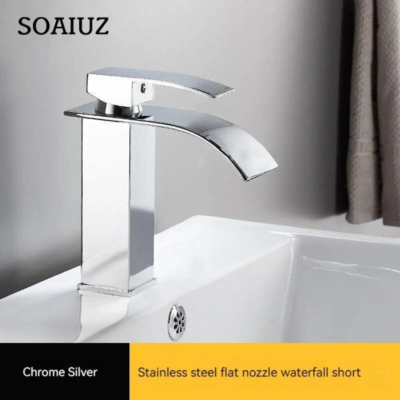 Copper Core European Waterfall Faucet Black Baking Paint Hot and Cold Basin Faucet Washbasin Hot and Cold Water Free Switching