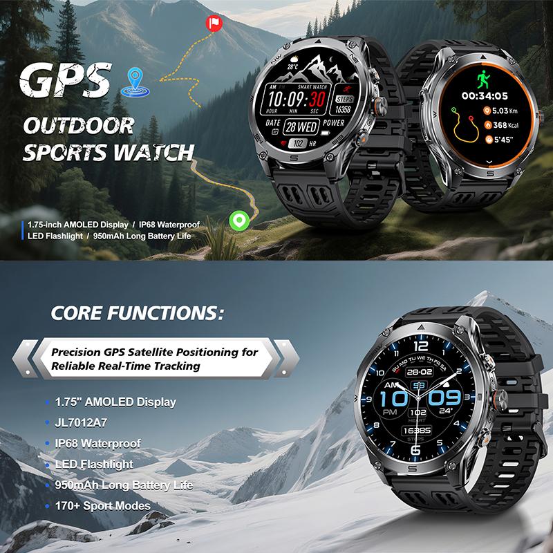 New Military GPS SmartWatch 1.75 HD  10ATM/IP68Waterproof Compass Smartwatch 1000mAh Large Battery BT Call SmartWatche
