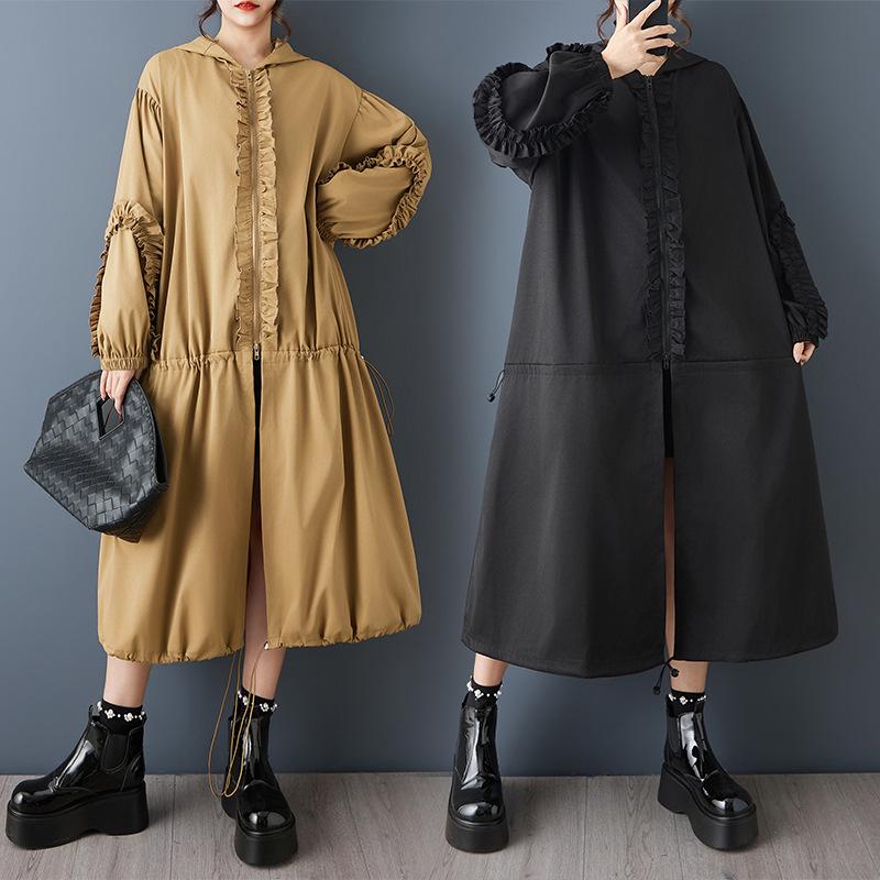 

Retro Lace Hooded Dress Windbreaker - Mid-Length, Loose Fit, Plus Size, Long Sleeve for Spring & Autumn One Size хакі