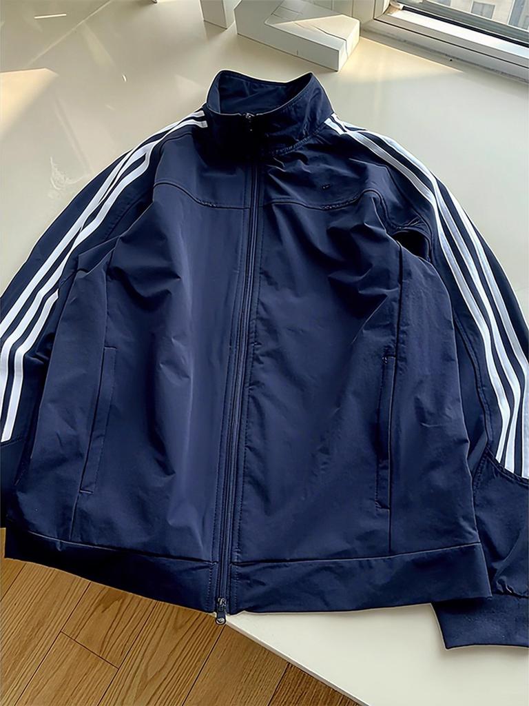 Men's Retro 3 Stripe Stand Collar Track Jacket Casual Short Bomber Sports Coat