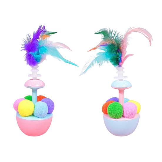 Wobbling Cat Toy Interactive Cat Teaser with Feathers Plush Balls Cat Enrichment Toy for Indoor Kittens Stimulates Hunting Instinct