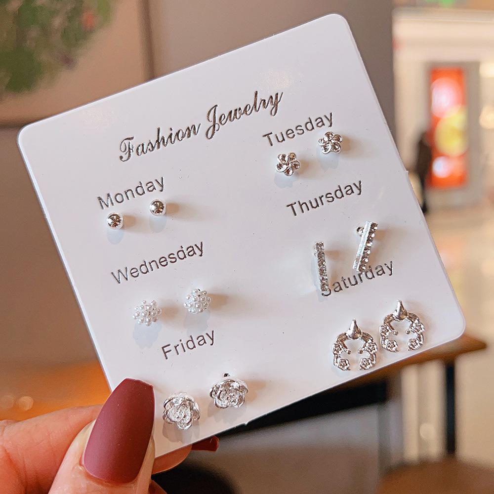 New small fresh one-week stud earrings set 1 pair combination Korean version sweet love bow fairy temperament earrings