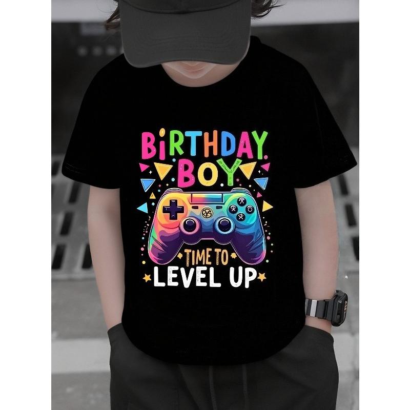 European sizes Boys' T-shirt Birthday Boy Game Controller Level Up, Ideal for Outdoor Activities, Soft Knitted Top, Comfortable And Breathable