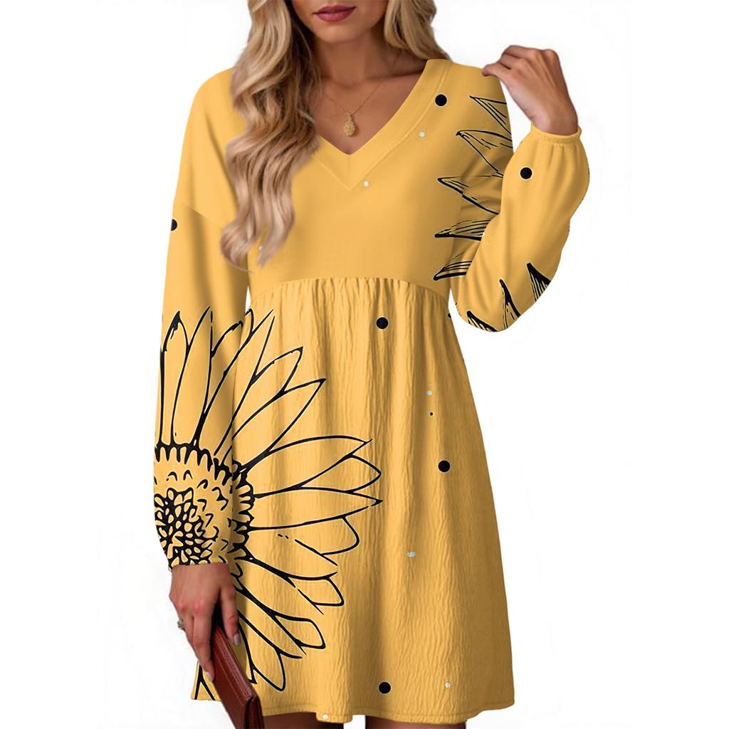Women's Fashion Floral Print V-Neck Long Sleeve Dress