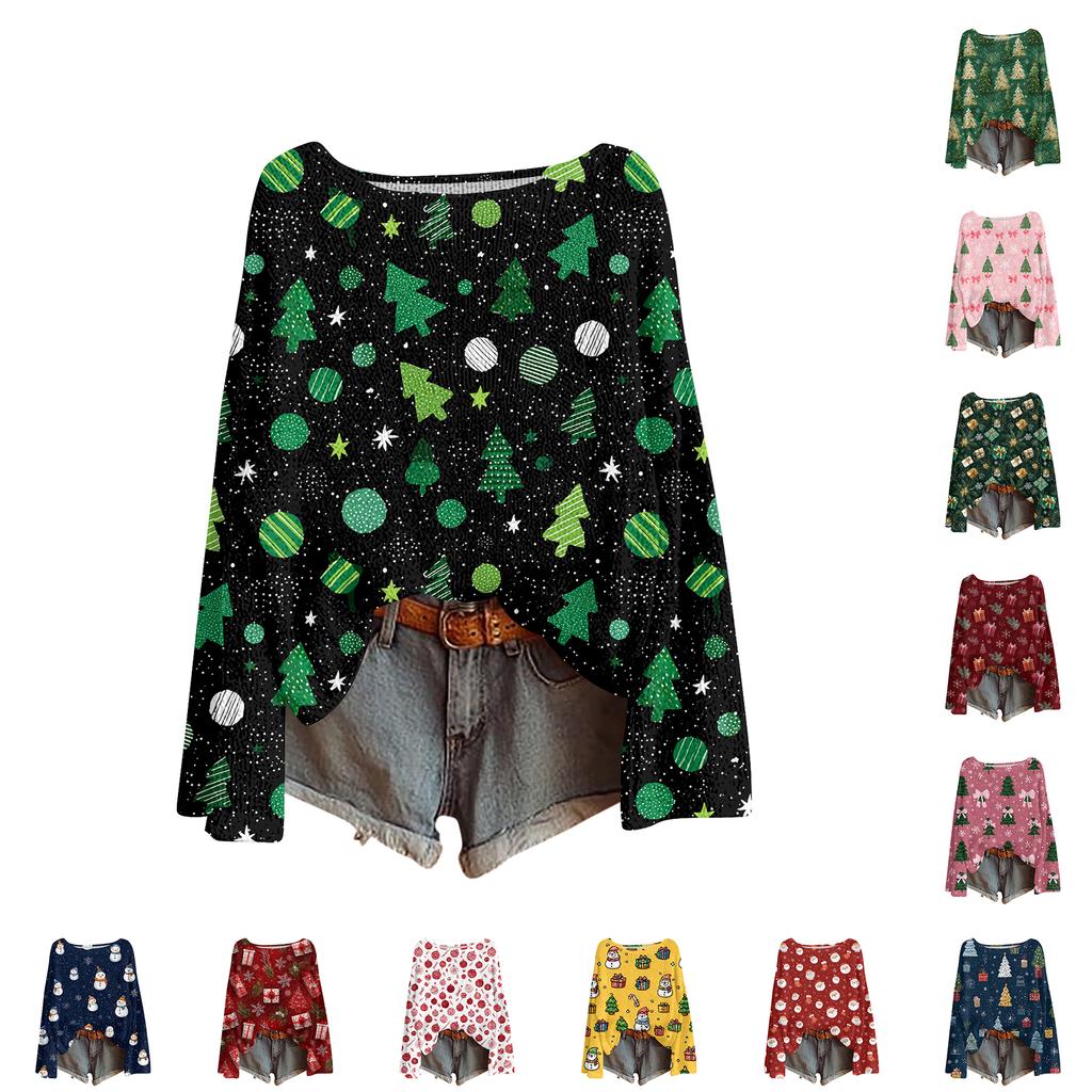Women's Casual Fashion Round Neck Top Christmas Print Long Sleeve Knit Pullover