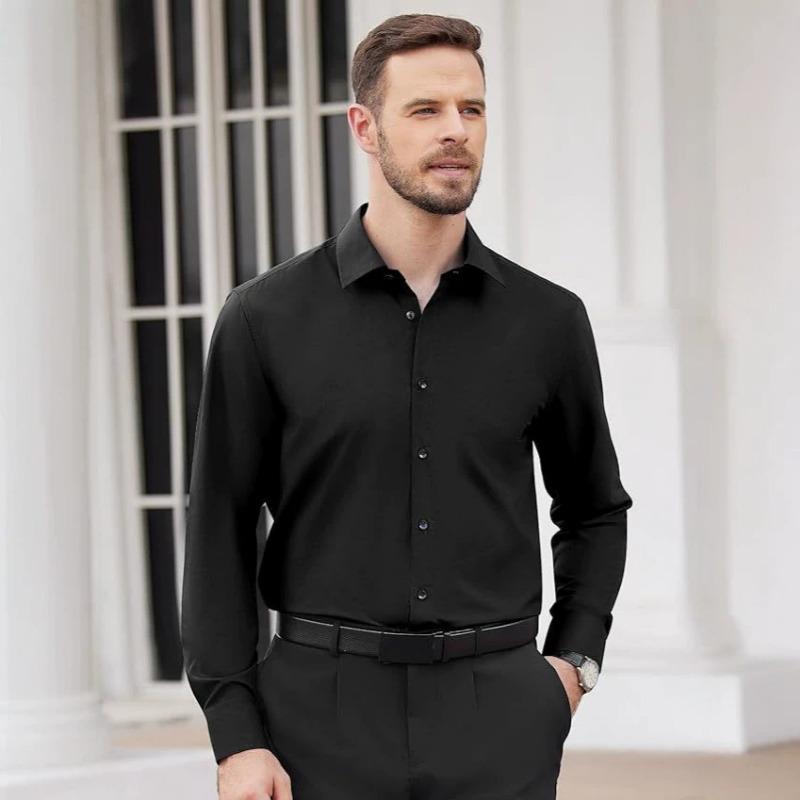 Men S Long Sleeve Formal Shirt Solid Color Stretch Black Buckle No Iron Wrinkle Resistant