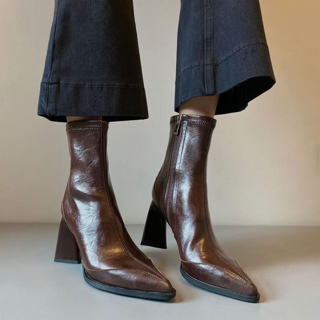 Fashion Retro Brown Pointed Toe Ankle Boots Chunky Heel Women Faion Waterproof Leather Comfortable Breathable Fall Winter Spring
