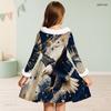 Kids Girls Furry Collar Long Sleeve Star Printed Bow Waist A Line Flared Dress