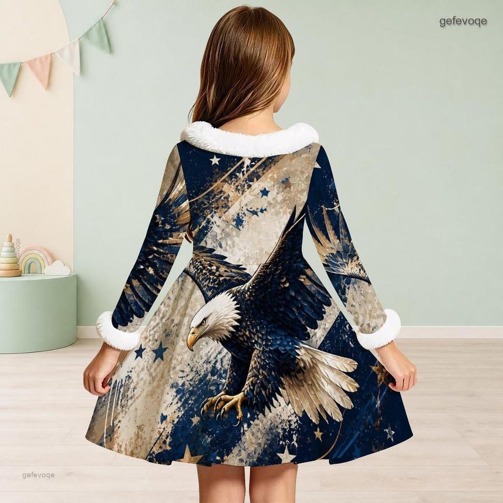 Kids Girls Furry Collar Long Sleeve Star Printed Bow Waist A Line Flared Dress