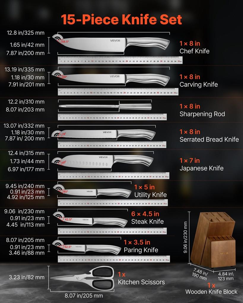 Kitchen Knife Set with Block and Sharpener, 15 Piece German High Carbon Stainless Steel Sharp Knife Set, Kitchen Cutlery with Ergonomic Handle,