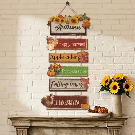 Rustic Fall Wall Decor, Vintage Wooden Hanging Sign with Sunflower, Pumpkin & Maple Leaf for Autumn Harvest Thanksgiving Home Decoration, Indoor